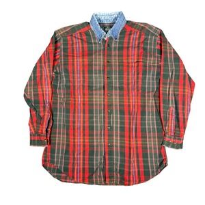 Vintage Woolrich Mens Large Plaid Flannel Shirt Denim Collar Made in USA L